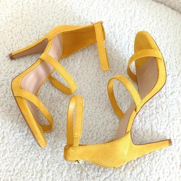 Kelly & Katie 3 Strap Dark Yellow Suede Heels - Picture 4 of 8